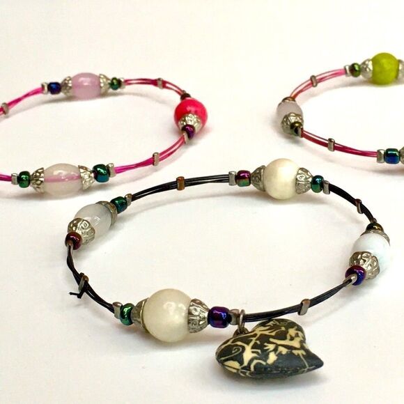 Polymer Heart Charm & Bead Wire Bracelet Set of 3 - Picture 6 of 8